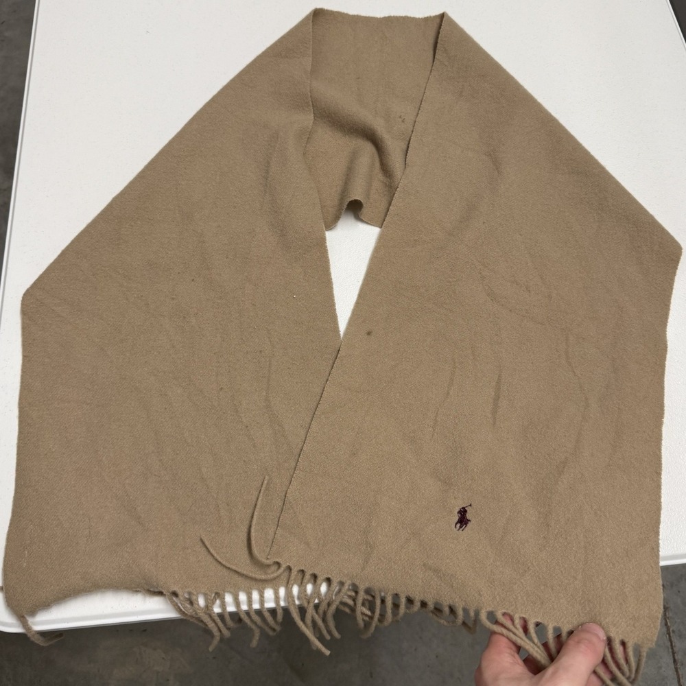 Polo Ralph Lauren Scarf Unisex OS Tan Excellent Lambswool Fringed Pony Logo